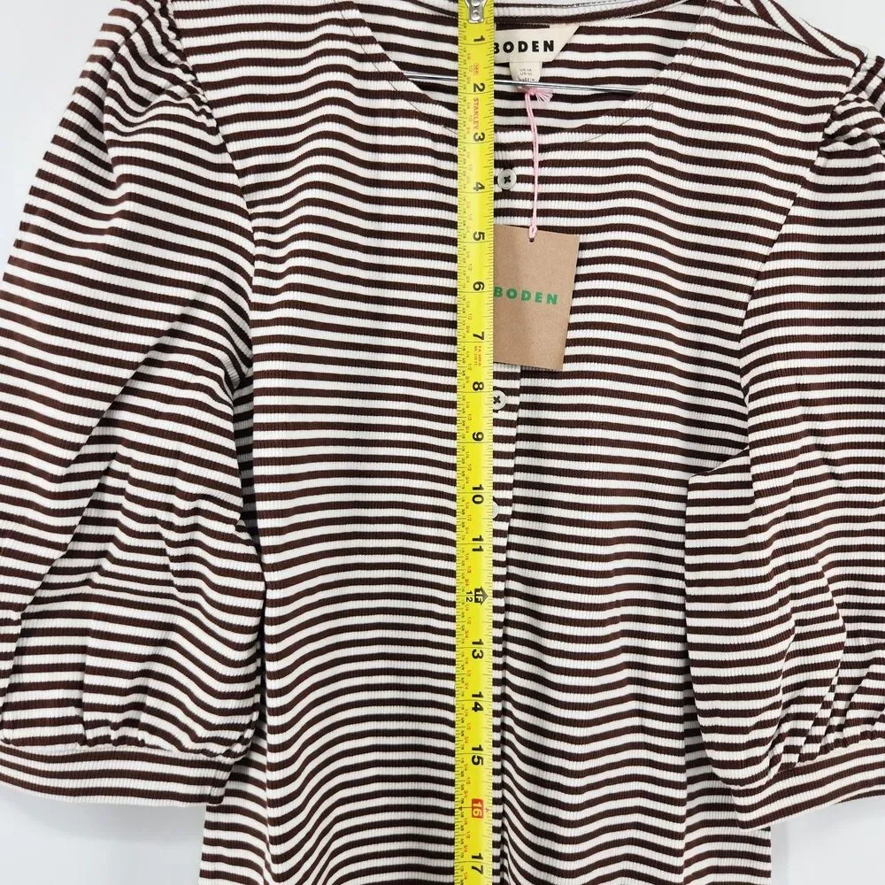 Boden Women's Size US 10‎ Potting Soil Ivory Stripe Ribbed Puff Sleeve Top NWT